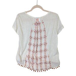 Hem & Thread Women size S Casual Bohemian Back Print Tunic Pom Pom Top Blouse